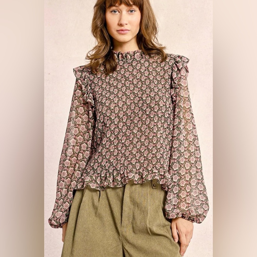 Molly Bracken Semi-Sheer Floral Smocked Blouse Size Small Boho Ruffle Sleeve - Picture 9 of 9